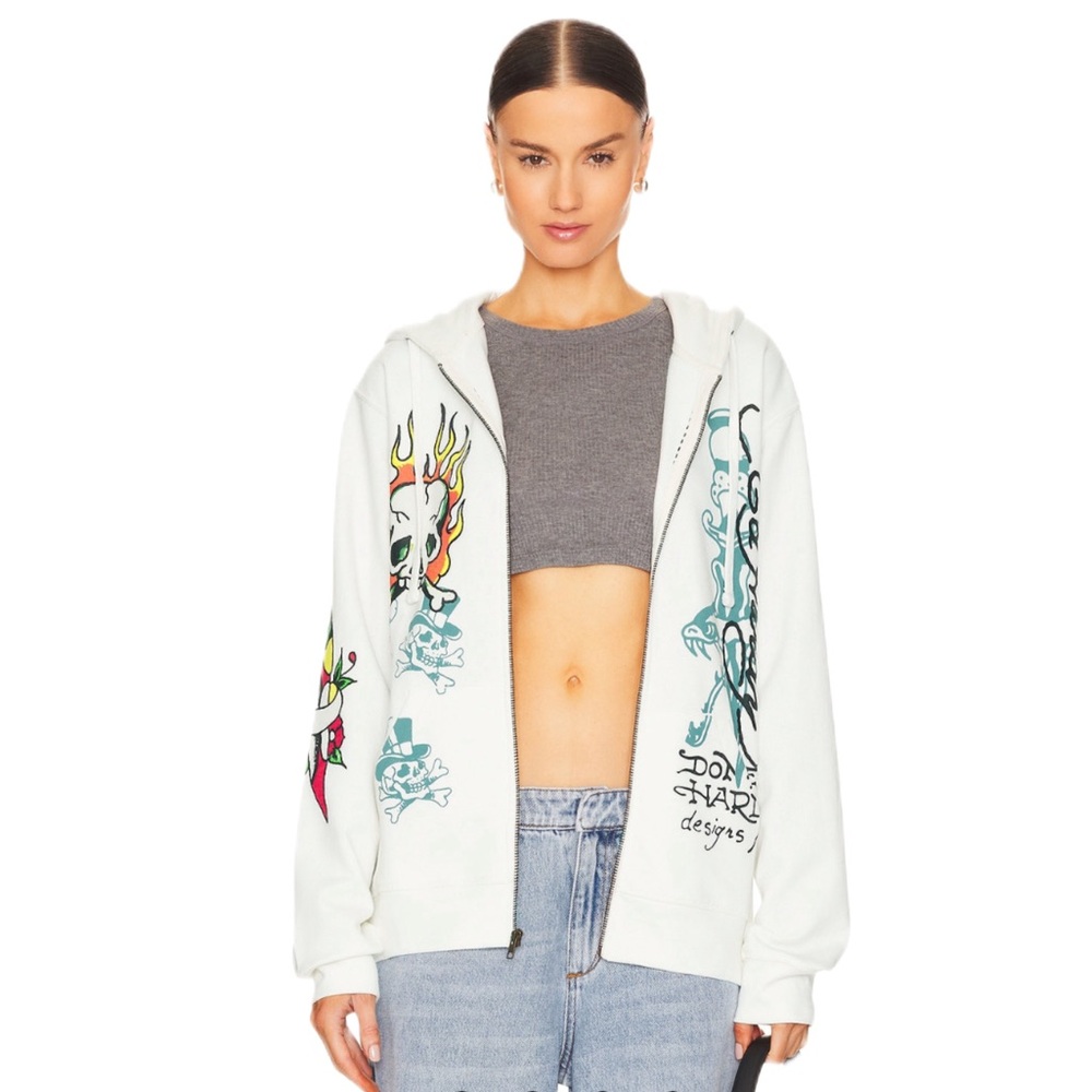 ED HARDY FLAME SKULL ZIP HOODIE / Large